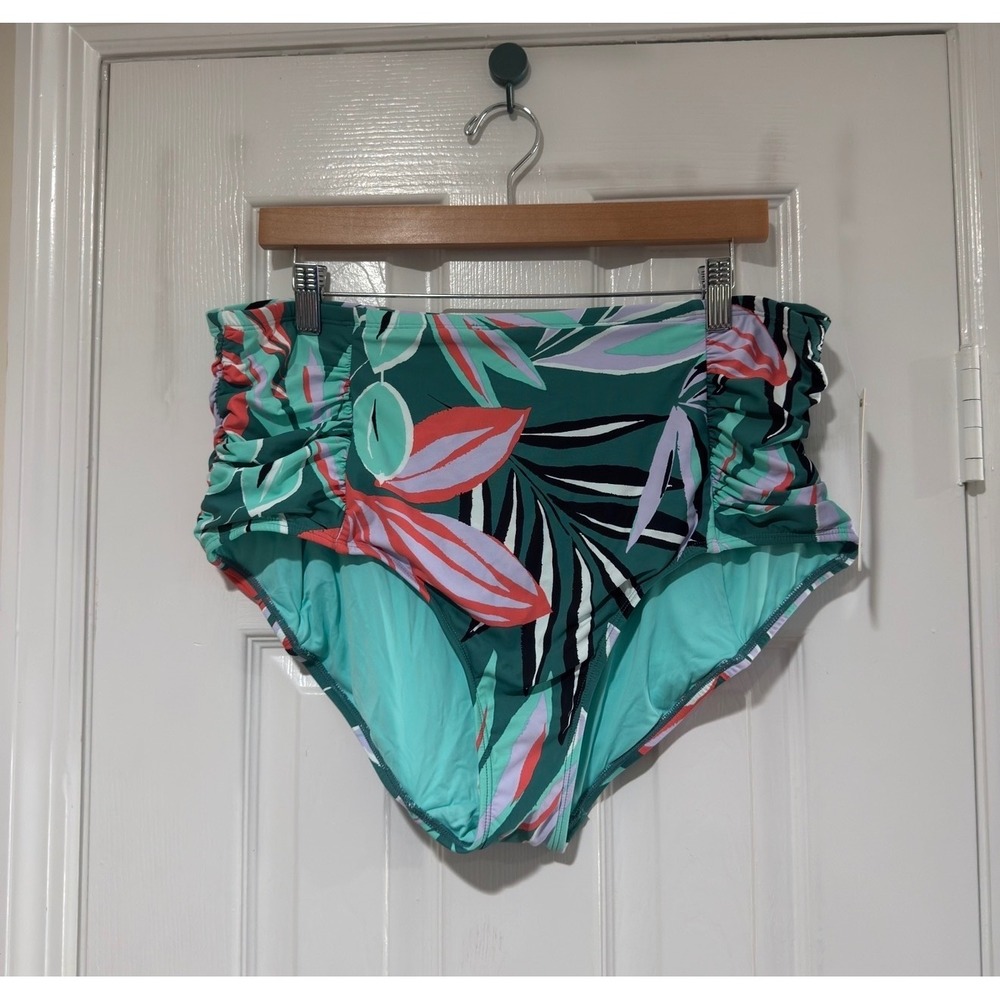 Anne Cole‎ High Waisted Bikini Bottoms 20W NWT Tropical Ruched Plus Size
